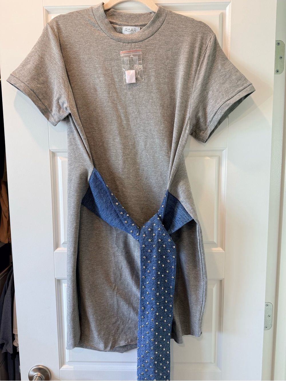 Rōari Grey Mini T-Shirt Dress with Studded Blue Waist Tie